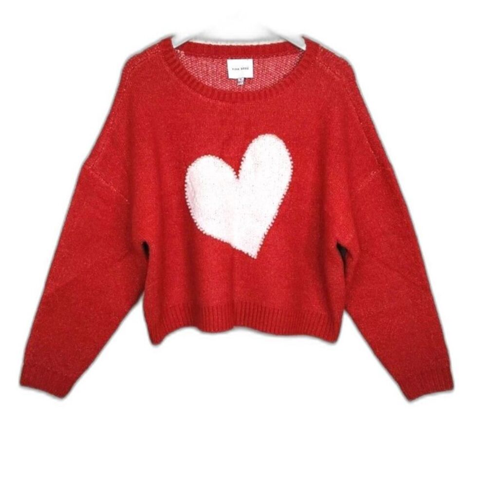 Pink Rose Red Sweater With Cream Pearls Heart Sz XL Love Knit
